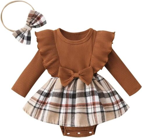Baby Girl Clothes Fall Winter Outfit Long Sleeve Plaid Romper Dress Ruffles Jumpsuit with Bow Headband in Kuwait