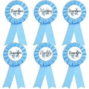 1 Mommy to be Tinplate Badge Pin for BOY, 1 Daddy to be, 2 Badges for Grandmas to be, 2 Badges for Grandpas to be, Baby Shower Button New Mom Gifts Gender Reveals Party, Blue Rosette, BLUE