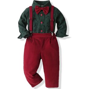 Baby Boy Christmas Outfit Toddlers Xmas 4PCS Bow-tie Shirt and Suspender Pants Gentleman Set