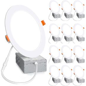 24 Pack 6 Inch 5000K Daylight Ultra-Thin LED Recessed Ceiling Light with Junction Box, 1080LM Brightness, Dimmable Canless Wafer Downlight 12W 110W Eqv Can-Killer Downlight.