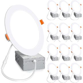24 Pack 6 Inch 5000K Daylight Ultra-Thin LED Recessed Ceiling Light with Junction Box, 1080LM Brightness, Dimmable Canless Wafer Downlight 12W 110W Eqv Can-Killer Downlight.