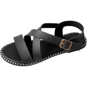 Womens Studded Flat Sandals Open Toe Crossed Strap Sandals Ankle Strap Flexible Summer Flat Sandals