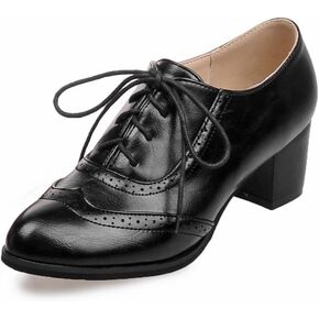 mikarka Vintage Oxford Shoes for Women Chunky Block Mid Heel Brogues Pumps Lace up Perforated Dress Shoes Saddle Oxfords