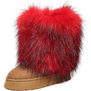 Women's Faux Fur Mid Calf Thick Bottom Boots Winter Warm Plush Snow Boots Comfortable Outdoor Flat Shoes
