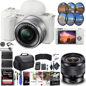 Sony ZV-E10 Mirrorless Camera with 16-50mm Lens White ILCZV-E10L/W, Sony FE PZ 28-135mm Lens SELP28135G, 64GB Memory Card, Filter Kit, External Charger, NPF-W50 Battery, and More