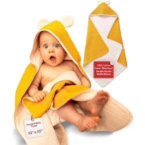IKIGAIN Muslin Baby Towels with Hood - Soft, Absorbent, and Thick Muslin Hooded Baby Towels | 100% Organic Cotton Baby Bath Towels | Two Layer Baby Towel with Hood | Easy to Wash and Quick-Drying