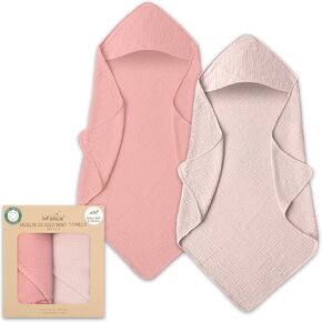 Organic Cotton Muslin Hooded Baby Towels 2 Pack, 32x32 Inches Newborn Baby Bath Towels, Hooded Baby Towels for Girl and Boy, Baby Bath Set with Hooded Baby Towels