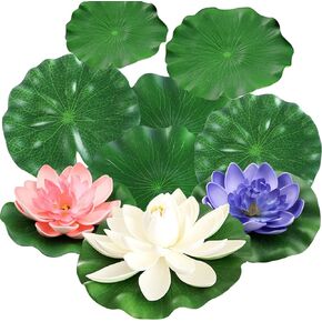 9PCS Artificial Floating Foam Lotus Flowers with Artificial Lotus Leaves: Lily Pads for Lake - Pond Plants Ornaments for Pool Aquarium Water Decoration, White