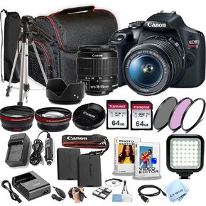 Canon EOS Rebel T7 w/EF-S 18-55mm F/3.5-5.6 Zoom Lens + 64GB Memory, Filters, Case, Tripod, LED Light, Lenses, and More (30pc DSLR Camera Bundle)… (Renewed)