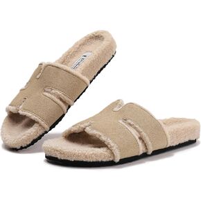 Genuine Suede Fuzzy Slippers for Women Indoor Outdoor House Slippers Fur Faux Shearling lined H slide sandal Memory Foam Casual Fluffy Soft Slipper