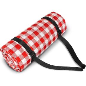 NAGAN 80 x 80 inches Picnic Blanket with Carry Strap, Ultrasonic Technique 3-Layer Beach Blanket, Green and White Plaid Camping Blanket, Waterproof Portable Durable for Camping, Hiking, Beach, Park
