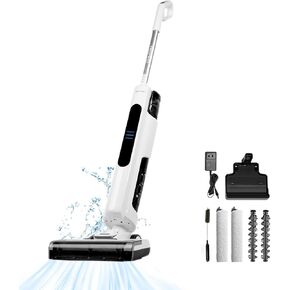 Cordless Wet Dry Vacuum Cleaner for Hard Floors/Carpet, Lightweight Vacuum Cleaner Mop with Self Cleaning, Swivel Steering, LED Display & Voice Assistance, Upright Vacuum for Home