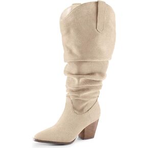 mysoft Women's Wide/Extra Wide Calf Knee High Boots Cowgirl Low Chunky Stacked Heel Wide Width Pointed Toe Slouchy Tall Boots with Zippers