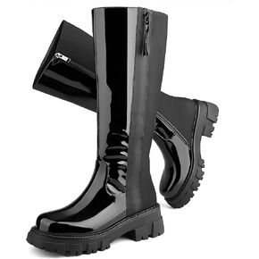 CouieCuies Wide Calf Black Knee High Boots For Women Patchwork Platform Boots Knee High Chunky Heels Black Riding Boots Zipper