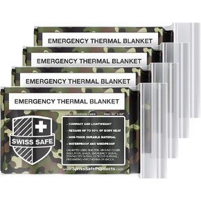 Swiss Safe Emergency Mylar Thermal Blankets + Bonus Space Blanket - Compact & Insulated for Cold Weather - Designed for NASA, Outdoor Camping, Survival, First Aid Car Kit - Woodland Camo, 4 Pack