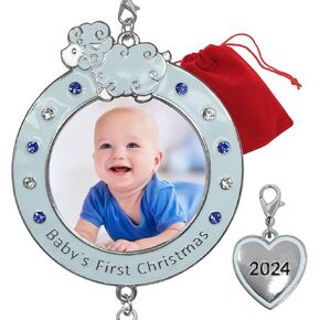 BANBERRY DESIGNS 2024 Baby Boy's First Christmas Photo Ornament - Dated for Newborn Son - Baby's 1st Xmas Shower Gift - Gift/Storage Bag Included