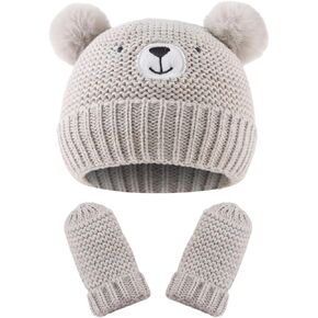 Cute Bear Baby Beanie Pompom Baby Hat Mittens Set Infant Toddler Beanie for Boys Girls