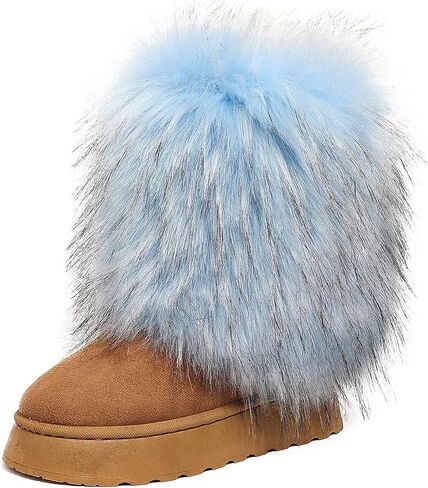 Women's Faux Fur Mid Calf Thick Bottom Boots Winter Warm Plush Snow Boots Comfortable Outdoor Flat Shoes in Kuwait