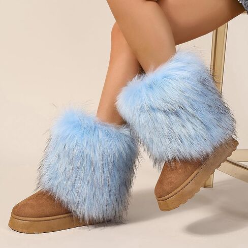 Women's Faux Fur Mid Calf Thick Bottom Boots Winter Warm Plush Snow Boots Comfortable Outdoor Flat Shoes in Kuwait