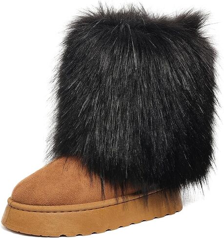 Women's Faux Fur Mid Calf Thick Bottom Boots Winter Warm Plush Snow Boots Comfortable Outdoor Flat Shoes in Kuwait