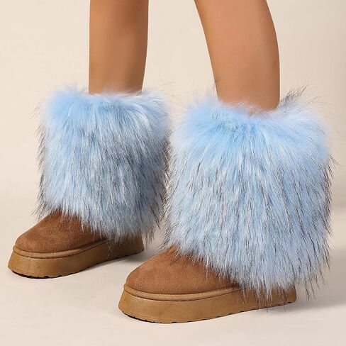 Women's Faux Fur Mid Calf Thick Bottom Boots Winter Warm Plush Snow Boots Comfortable Outdoor Flat Shoes in Kuwait