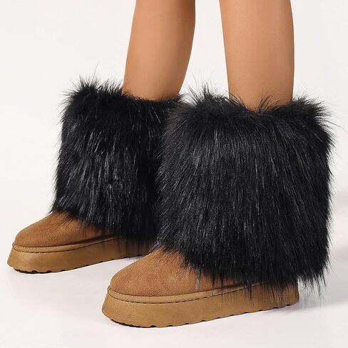 Women's Faux Fur Mid Calf Thick Bottom Boots Winter Warm Plush Snow Boots Comfortable Outdoor Flat Shoes in Kuwait