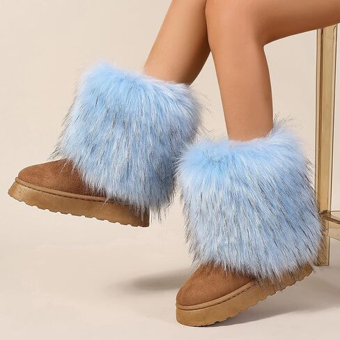 Women's Faux Fur Mid Calf Thick Bottom Boots Winter Warm Plush Snow Boots Comfortable Outdoor Flat Shoes in Kuwait