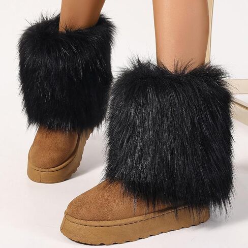 Women's Faux Fur Mid Calf Thick Bottom Boots Winter Warm Plush Snow Boots Comfortable Outdoor Flat Shoes in Kuwait