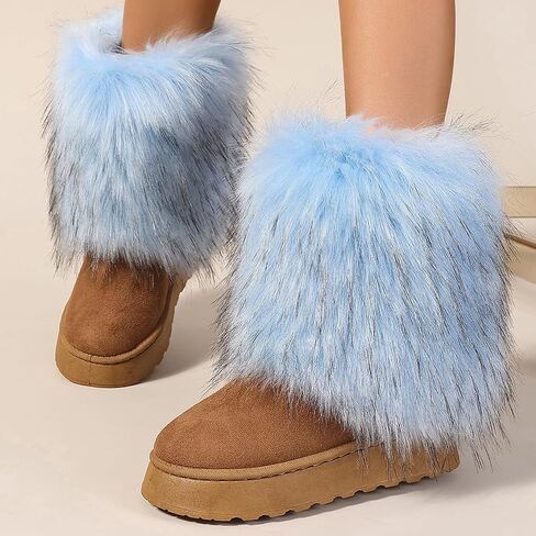 Women's Faux Fur Mid Calf Thick Bottom Boots Winter Warm Plush Snow Boots Comfortable Outdoor Flat Shoes in Kuwait