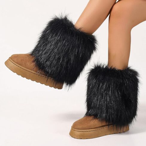 Women's Faux Fur Mid Calf Thick Bottom Boots Winter Warm Plush Snow Boots Comfortable Outdoor Flat Shoes in Kuwait