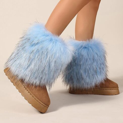 Women's Faux Fur Mid Calf Thick Bottom Boots Winter Warm Plush Snow Boots Comfortable Outdoor Flat Shoes in Kuwait
