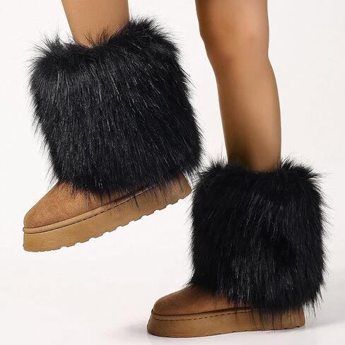 Women's Faux Fur Mid Calf Thick Bottom Boots Winter Warm Plush Snow Boots Comfortable Outdoor Flat Shoes in Kuwait