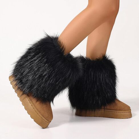 Women's Faux Fur Mid Calf Thick Bottom Boots Winter Warm Plush Snow Boots Comfortable Outdoor Flat Shoes in Kuwait