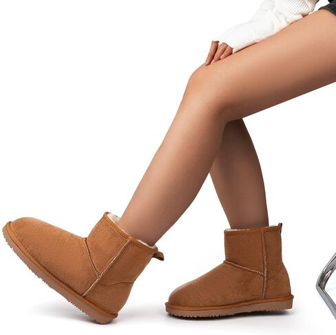 MUSSHOE Winter Boots for Women Classic Snow Boots Comfortable Cow Suede Leather Slip on Booties Fur Lined Warm Boots Waterproof in Kuwait