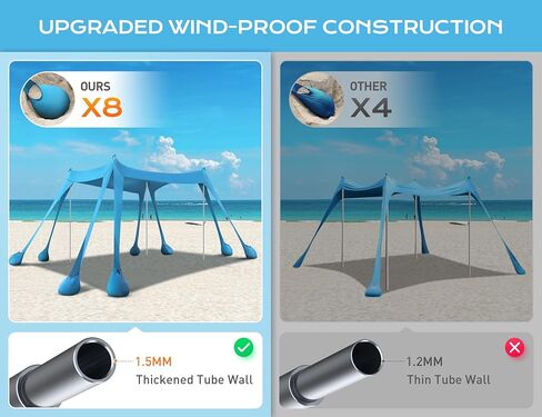 Beach Tent, Beach Canopy UPF50+ UV Protection, 10x10ft Beach Shade Sun Shelter with 8 Sandbags, Sand Shovels, Ground Peg, Stability Poles for Camping, Fishing, Picnic, Backyard Fun, Light Green in Kuwait