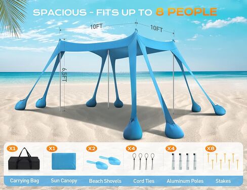 Beach Tent, Beach Canopy UPF50+ UV Protection, 10x10ft Beach Shade Sun Shelter with 8 Sandbags, Sand Shovels, Ground Peg, Stability Poles for Camping, Fishing, Picnic, Backyard Fun, Light Green in Kuwait