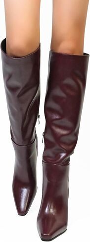 Knee High Boots for Women Square Toe Chunky Heeled Long Boots High Block Heel Wide Calf Tall Booties with Side Zipper in Saudi Arabia