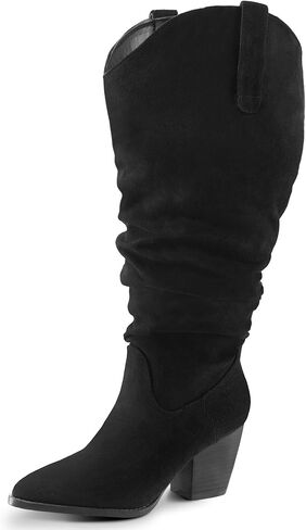 mysoft Women's Wide Calf Knee High Boots Cowgirl Low Chunky Stacked Heel Wide Width Pointed Toe Slouchy Tall Boots with Zippers in Saudi Arabia
