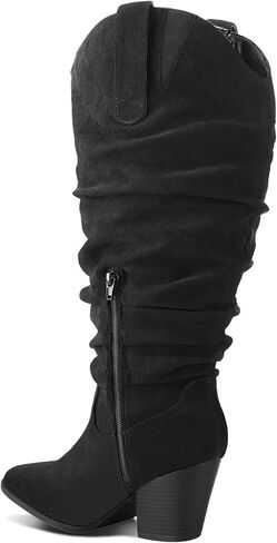 mysoft Women's Wide Calf Knee High Boots Cowgirl Low Chunky Stacked Heel Wide Width Pointed Toe Slouchy Tall Boots with Zippers in Saudi Arabia
