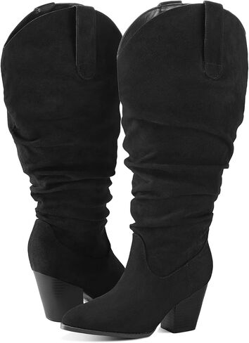 mysoft Women's Wide Calf Knee High Boots Cowgirl Low Chunky Stacked Heel Wide Width Pointed Toe Slouchy Tall Boots with Zippers in Saudi Arabia