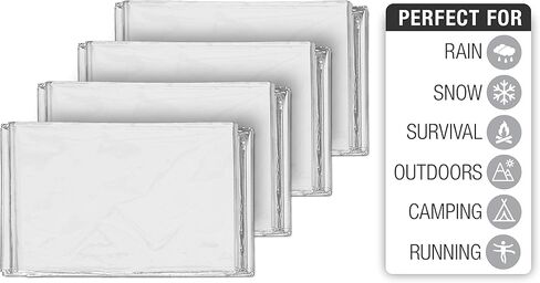 بطانيات مايلر الحرارية للطوارئ السويسرية الآمنة + بطانية مساحة إضافية - مدمجة ومعزولة للطقس البارد - مصممة لناسا، والتخييم في الهواء الطلق، والبقاء على قيد الحياة، وأدوات الإسعافات الأولية للسيارة - تمويه وودلاند، 4 عبوات in Kuwait