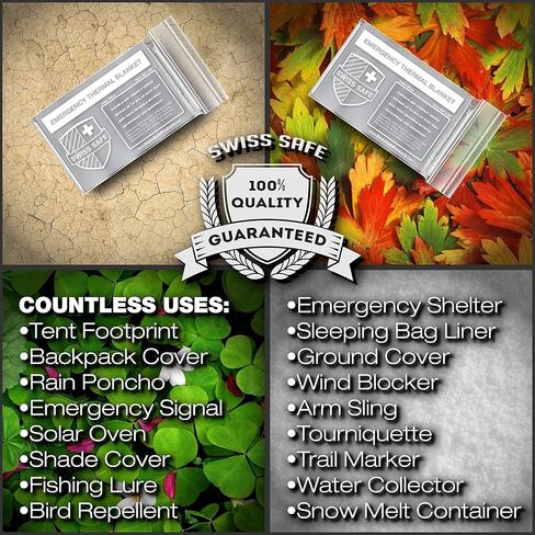 بطانيات مايلر الحرارية للطوارئ السويسرية الآمنة + بطانية مساحة إضافية - مدمجة ومعزولة للطقس البارد - مصممة لناسا، والتخييم في الهواء الطلق، والبقاء على قيد الحياة، وأدوات الإسعافات الأولية للسيارة - تمويه وودلاند، 4 عبوات in Kuwait