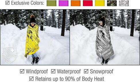 بطانيات مايلر الحرارية للطوارئ السويسرية الآمنة + بطانية مساحة إضافية - مدمجة ومعزولة للطقس البارد - مصممة لناسا، والتخييم في الهواء الطلق، والبقاء على قيد الحياة، وأدوات الإسعافات الأولية للسيارة - تمويه وودلاند، 4 عبوات in Kuwait