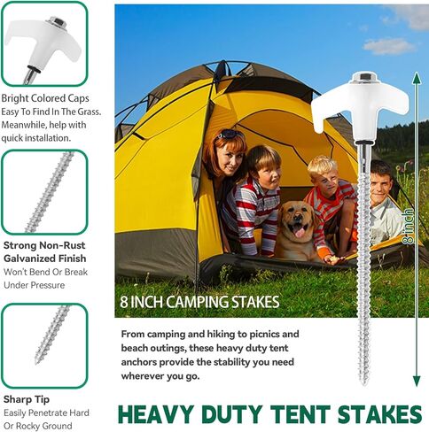 12 Pack 8" Screw in Tent Stakes for Drilling with Hex Heads - Heavy Duty Stainless Steel Tent Pegs/Nails/Spikes, Ground Anchors, Grow in Dark - for Camping, Grassland, Portable Box (Orange) in Saudi Arabia