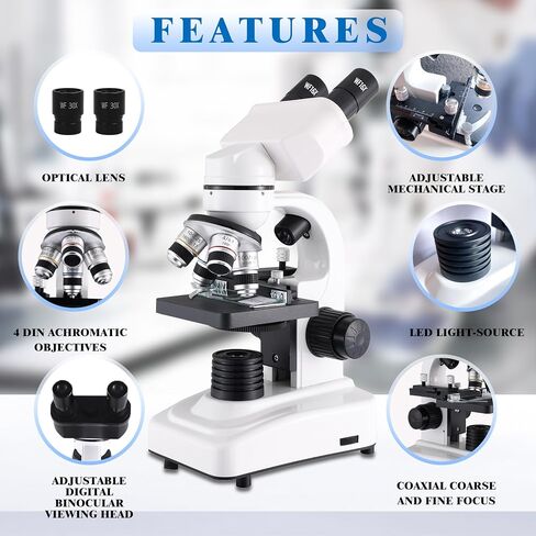 Binocular Microscope for Adults Kids Students, 64X-6000X Microscopes, 3 Objective Lens, Metal-Body Dual LED Illumination, Biological Compound Microscope Kit for School Lab, Homeschool in Saudi Arabia