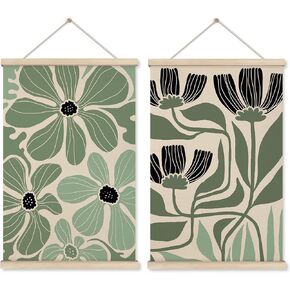 HRQKO Boho Black Flowers Hanger Frame Set of 2, Botanical Wall Art, Boho Floral Poster Wall Art with Wooden Frames, Boho Black Abstract Wall Hanging Decor for Living Room Bedroom, 12x16 Inch
