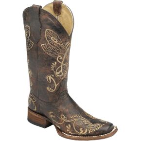 Corral Boots Womens L5079 Embroidery Square Toe Casual Boots Knee High Mid Heel 2-3" - Brown