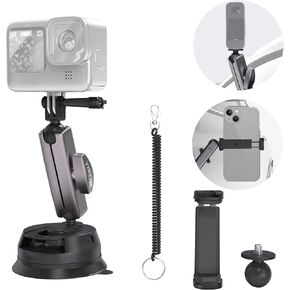 Car Camera Mount with Phone Holder,Metal Suction Cup Mount for Phone/Action Camera Hero 13 12 Pocket 3 Action 4 3 X4 X3 with 360° Ball-Head Design and Protective Rope