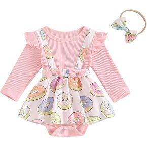 Murnouche Newborn Baby Girl Clothes Fall Winter Outfits Floral Ruffle Long Sleeve Romper Dress with Bow Headband