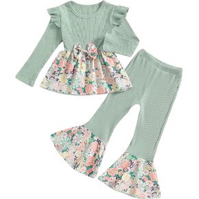 Toddler Little Girl Fall Winter Clothes Floral Print Fly Sleeve Shirt Tops Flared Pants Set Cute Bell Bottom Outfit